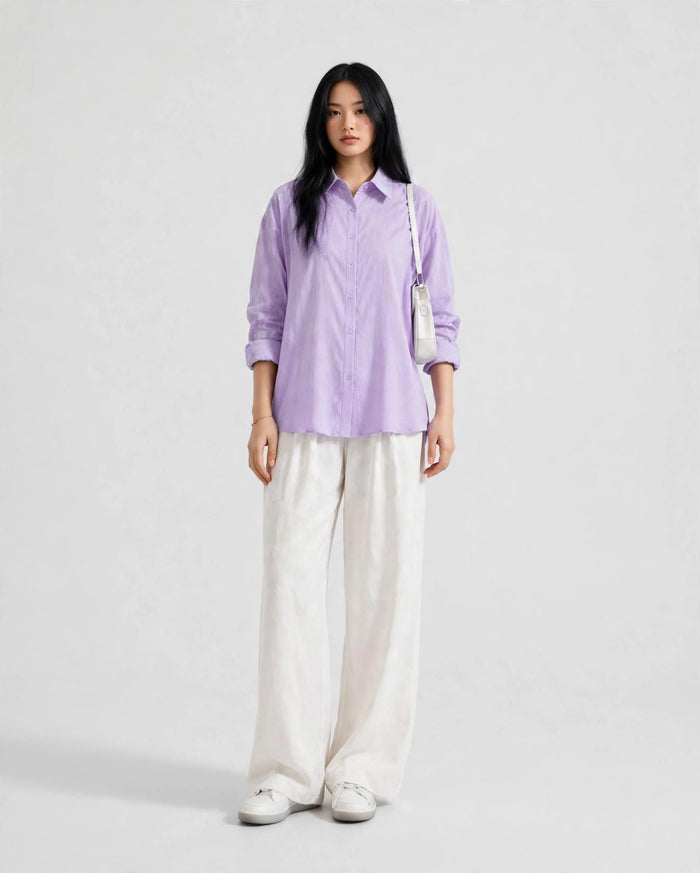 Lilac Button Down Shirt And White Flapper Trouser Co-Ord Set