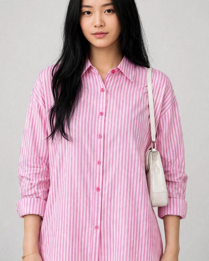 Daur-z Oversized Button-Down Shirt in Pink Striped - Relaxed Fit | Everyday Essential