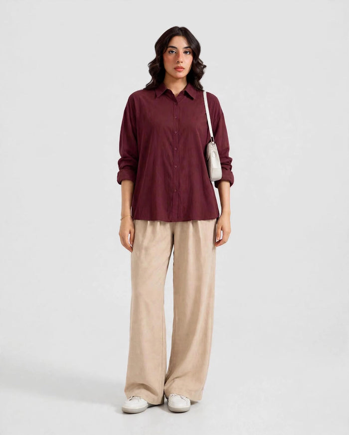 Maroon Button Down Shirt & Beige Flapper Trouser For Women