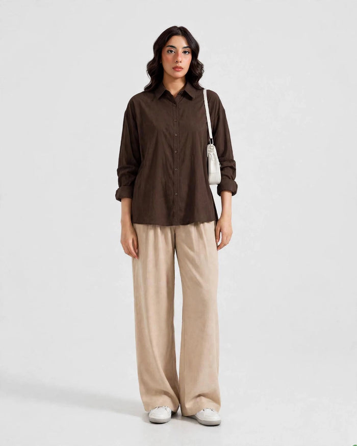 Mocha Brown Button Down Shirt & Beige Flapper Trouser For Women