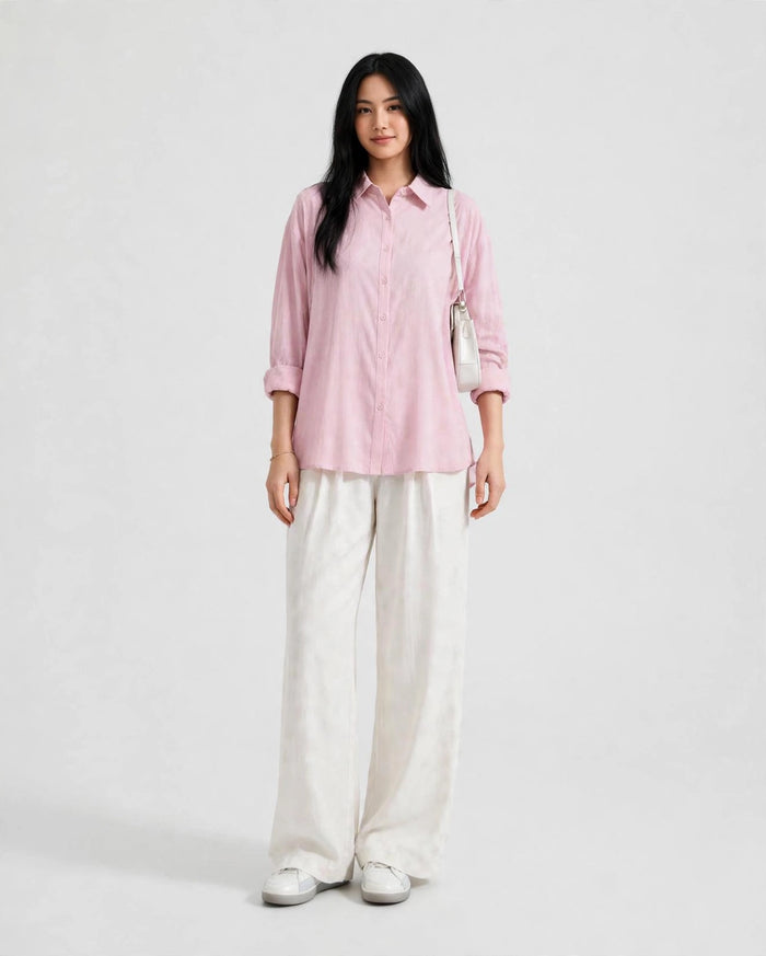 Pink Button Down Shirt And White Flapper Trouser Co-Ord Set