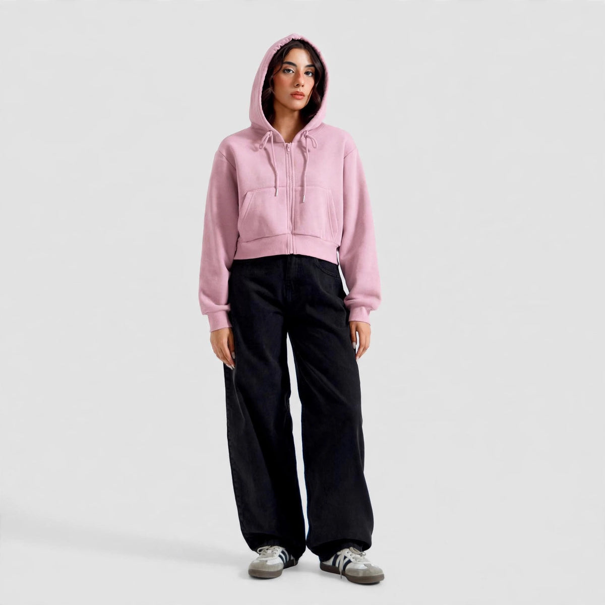 Women's Cropped Zip-Up Hoodie - Oversized Fleece Crop Hoodie - Pink