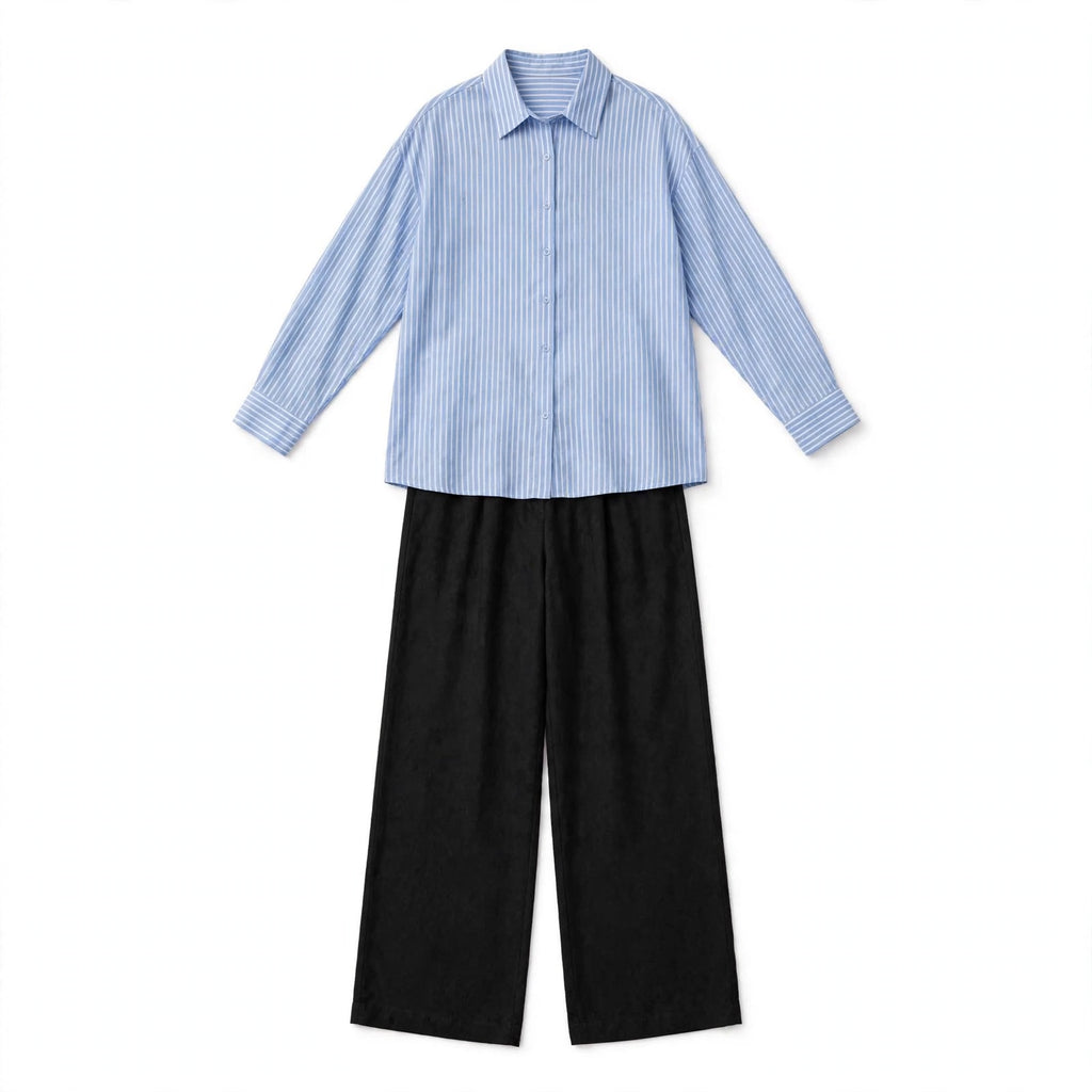 Sky Blue Striped Button Down Shirt And Black Flapper Trouser Co-Ord Set