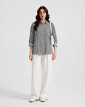 Grey Striped Button Down Shirt & White Flapper Trouser For Women
