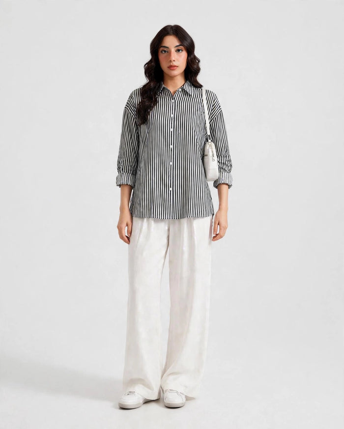 Grey Striped Button Down Shirt & White Flapper Trouser For Women
