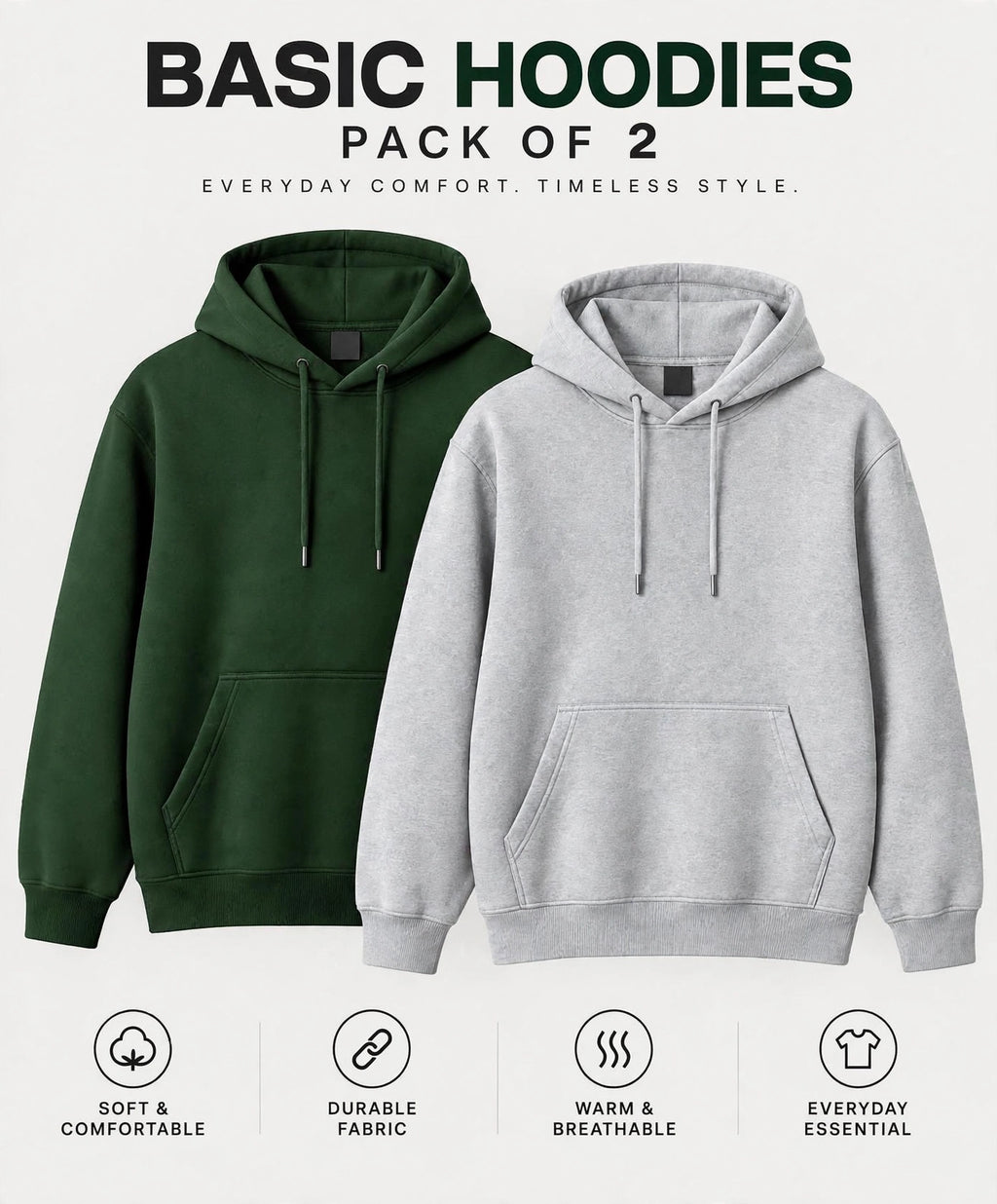 Pack Of Two Fleece Premium Basic Kangaroo Hoodie Unisex - Green & Grey
