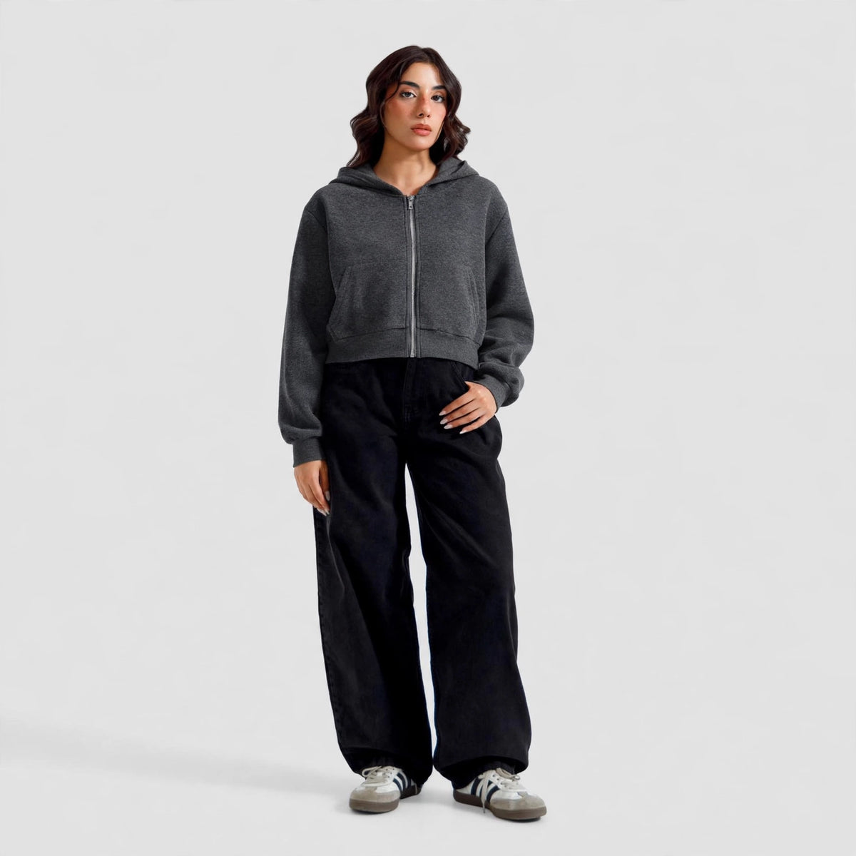 Women's Cropped Zip-Up Hoodie - Oversized Fleece Crop Hoodie - Charcoal