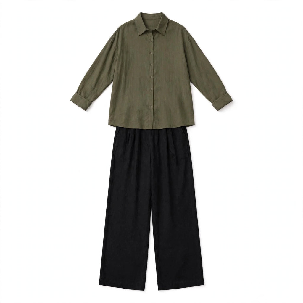 Olive Green Button Down Shirt & Black Flapper Trouser For Women