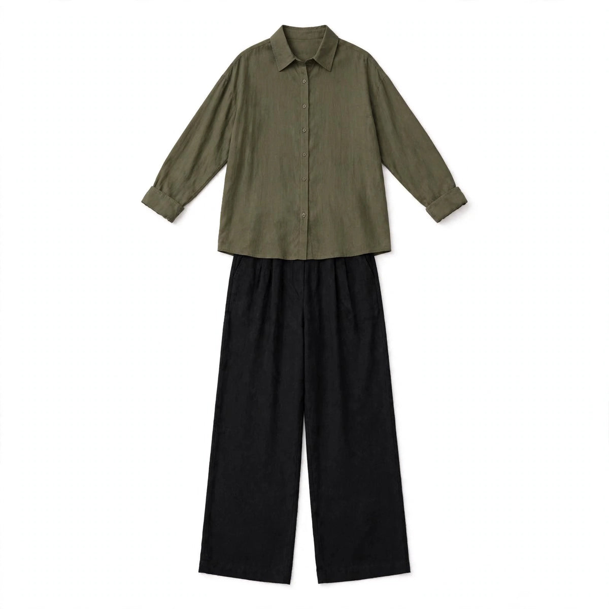 Olive Green Button Down Shirt & Black Flapper Trouser For Women