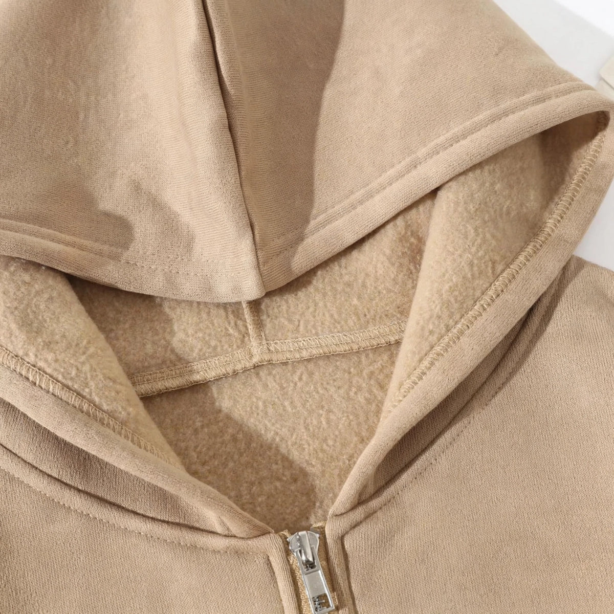 Women's Cropped Zip-Up Hoodie - Oversized Fleece Crop Hoodie - Beige