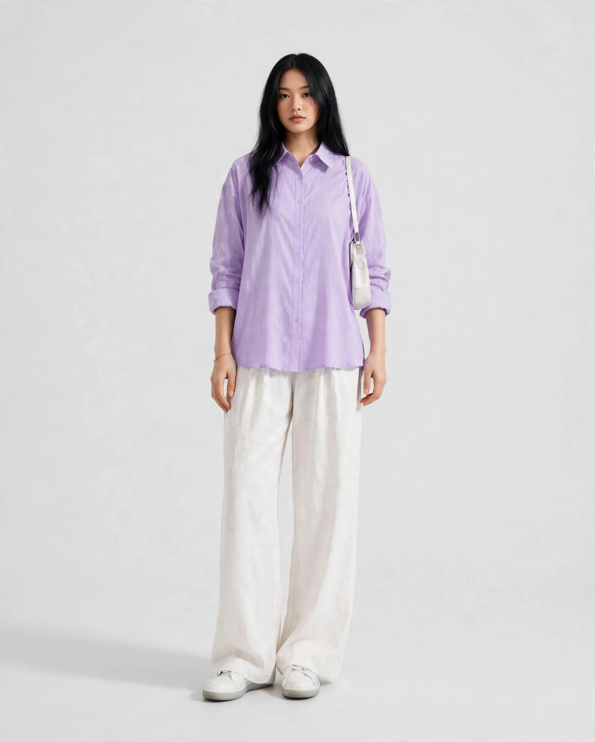 Lilac Button Down Shirt And White Flapper Trouser Co-Ord Set