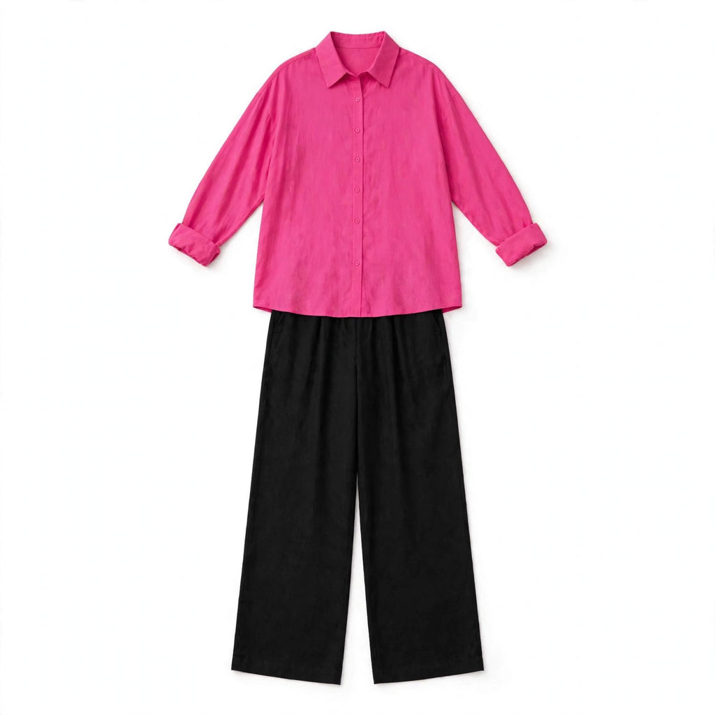 Neon Pink Button Down Shirt And Black Flapper Trouser Co-Ord Set