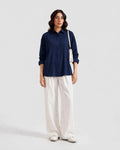 Navy Blue Button Down Shirt & White Flapper Trouser For Women