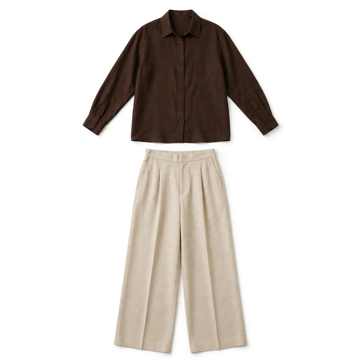 Mocha Brown Button Down Shirt & Beige Flapper Trouser For Women