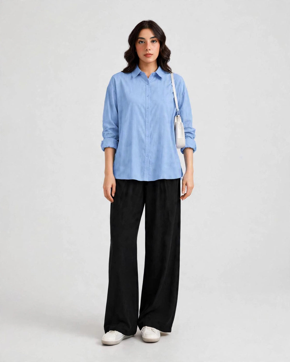 Sky Blue Button Down Shirt & Black Flapper Trouser For Women