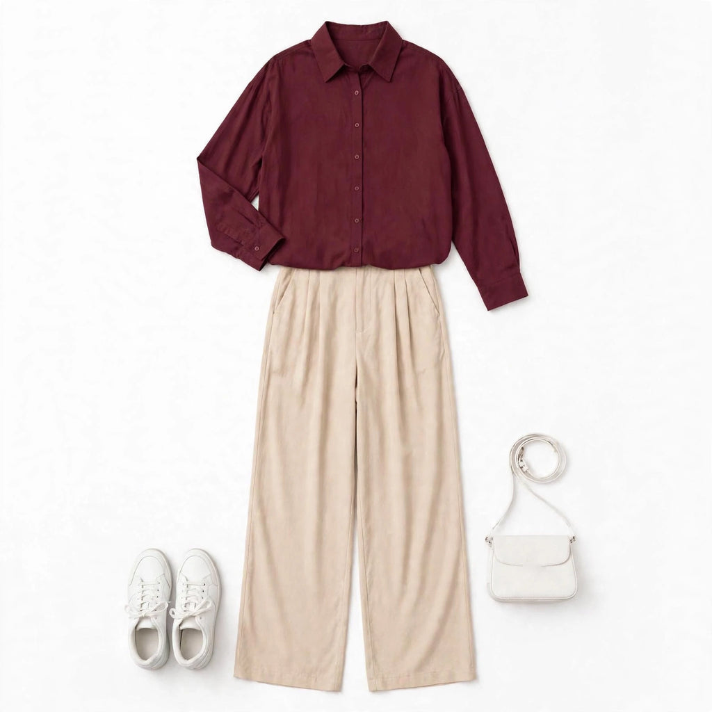 Maroon Button Down Shirt & Beige Flapper Trouser For Women