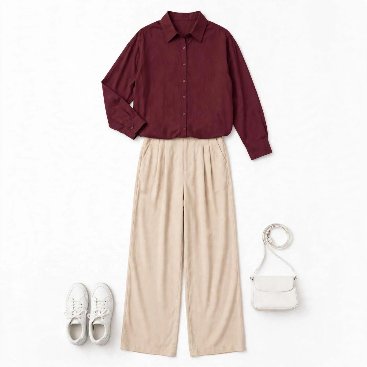 Maroon Button Down Shirt & Beige Flapper Trouser For Women