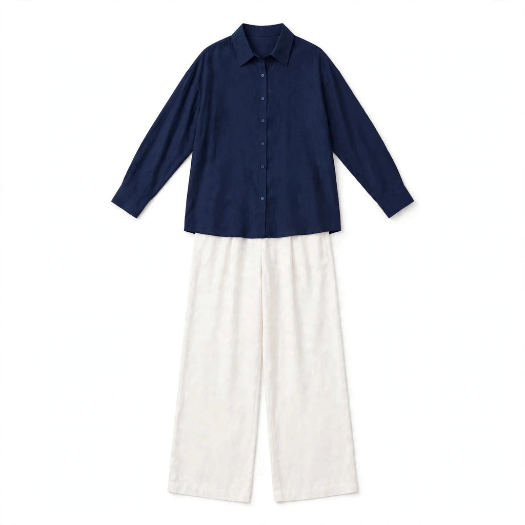 Navy Blue Button Down Shirt & White Flapper Trouser For Women
