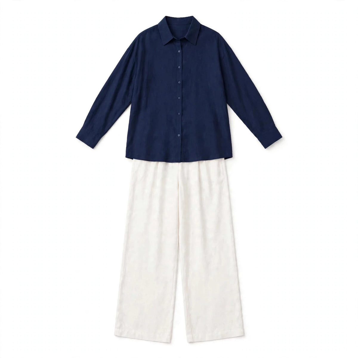 Navy Blue Button Down Shirt & White Flapper Trouser For Women