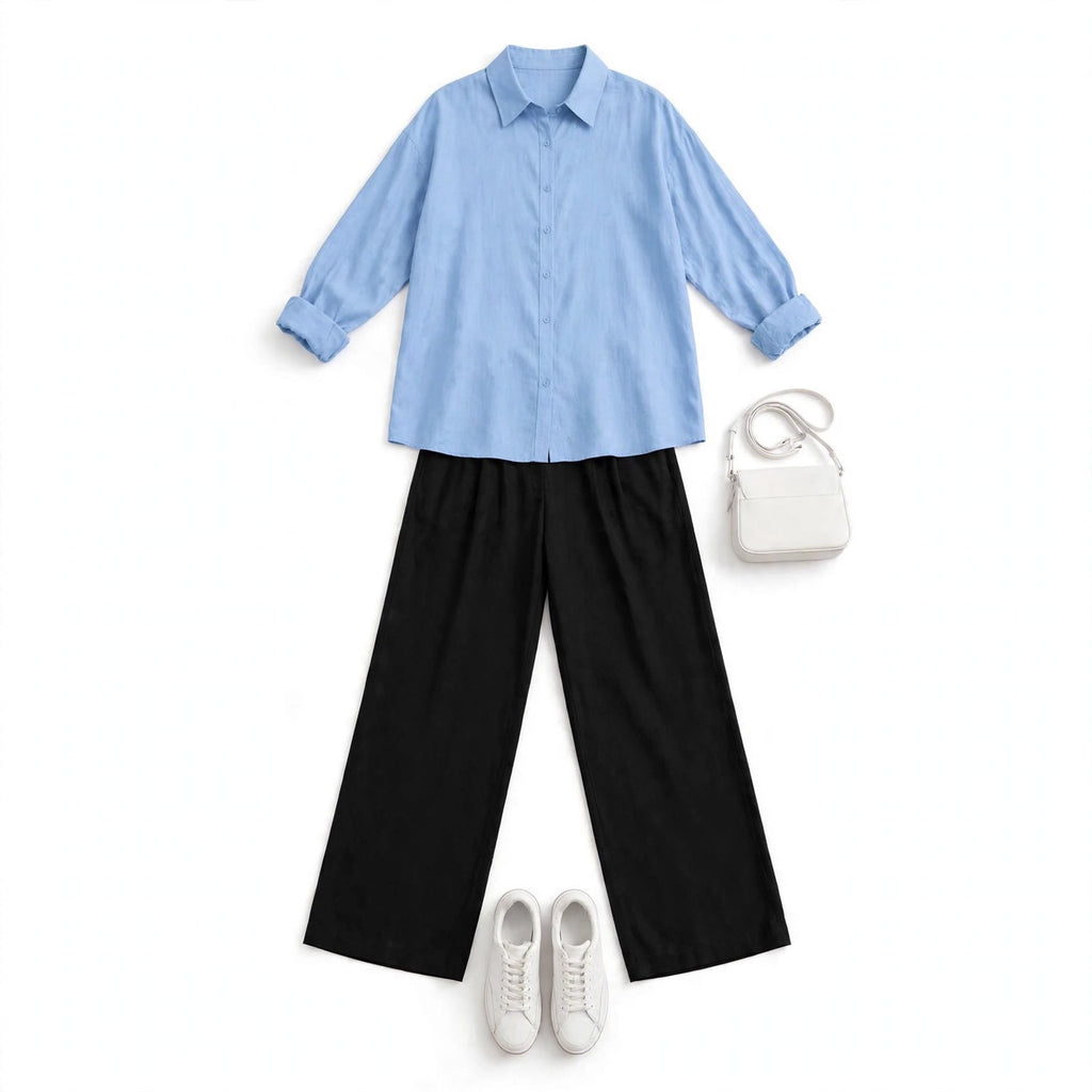 Sky Blue Button Down Shirt & Black Flapper Trouser For Women
