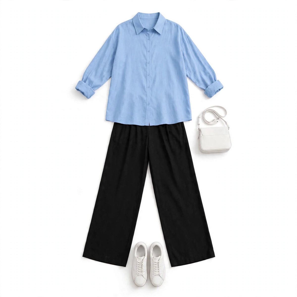 Sky Blue Button Down Shirt & Black Flapper Trouser For Women