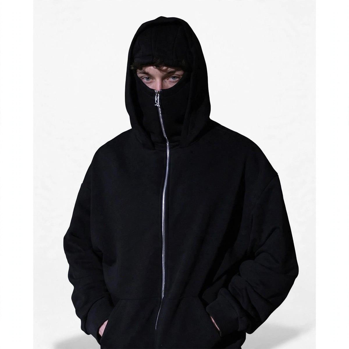 Balaclava Ninja Fleece Full Zipper Hoodie - Black