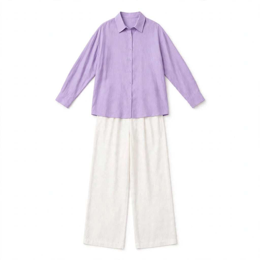 Lilac Button Down Shirt And White Flapper Trouser Co-Ord Set