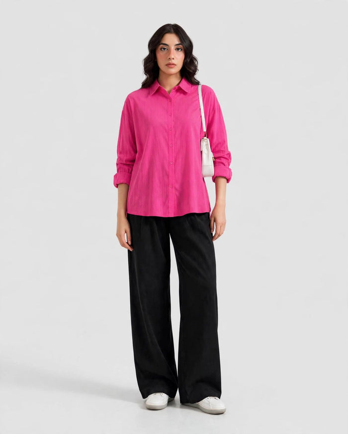 Neon Pink Button Down Shirt And Black Flapper Trouser Co-Ord Set