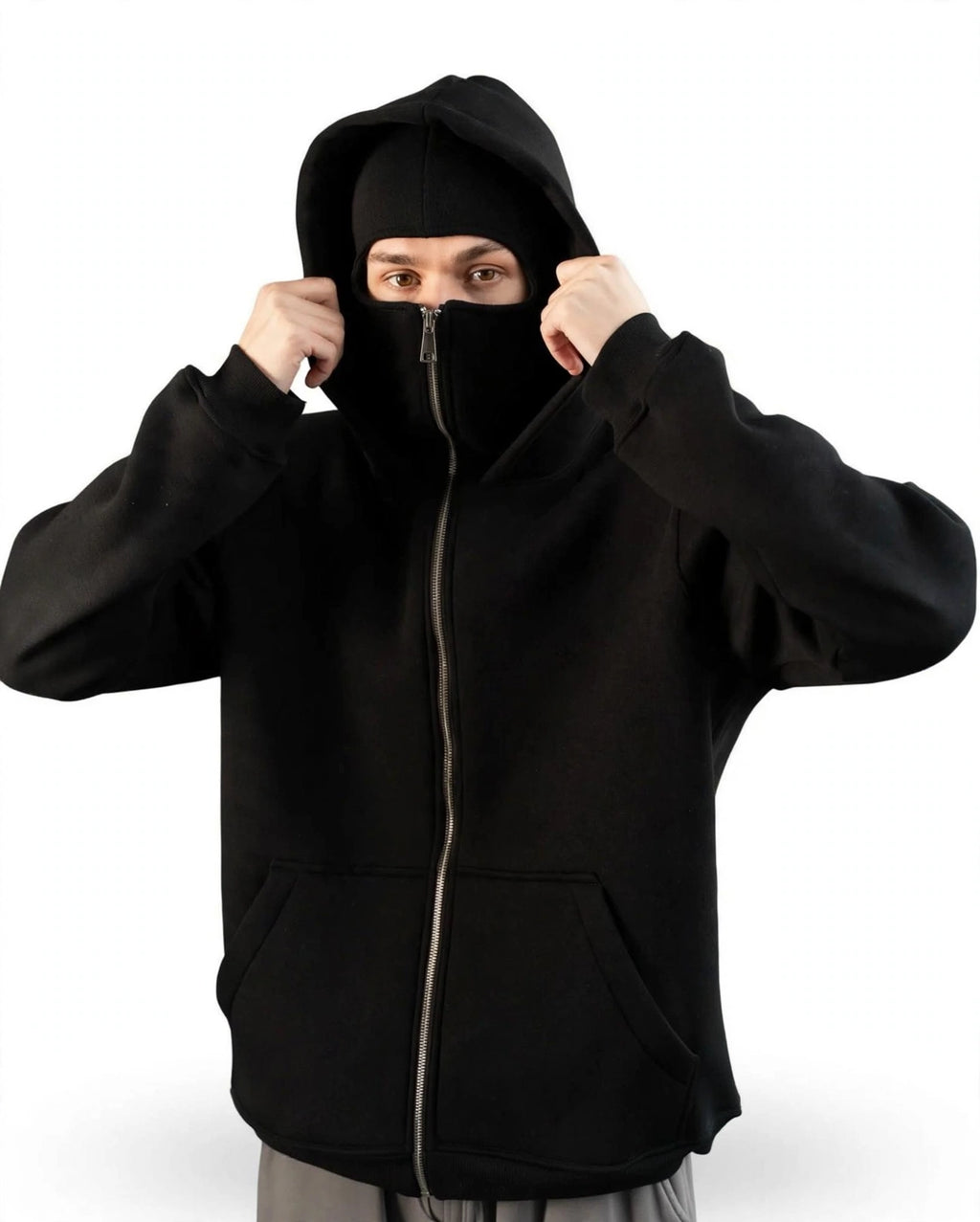 Balaclava Ninja Fleece Full Zipper Hoodie - Black