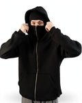 Balaclava Ninja Fleece Full Zipper Hoodie - Black