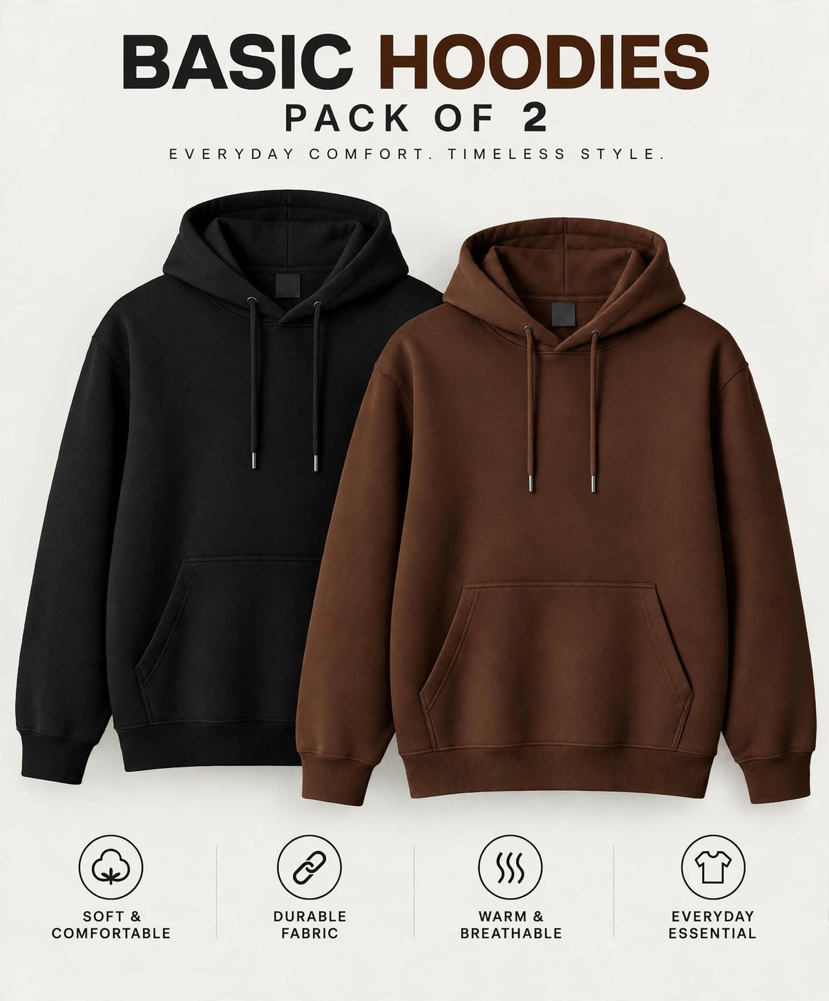 Pack Of Two Fleece Premium Basic Kangaroo Hoodie Unisex - Black & Brown