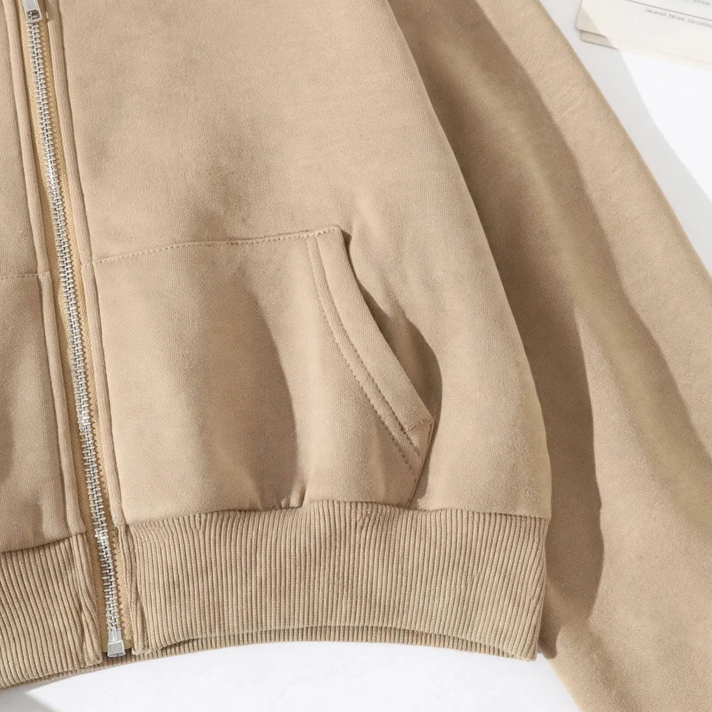 Women's Cropped Zip-Up Hoodie - Oversized Fleece Crop Hoodie - Beige