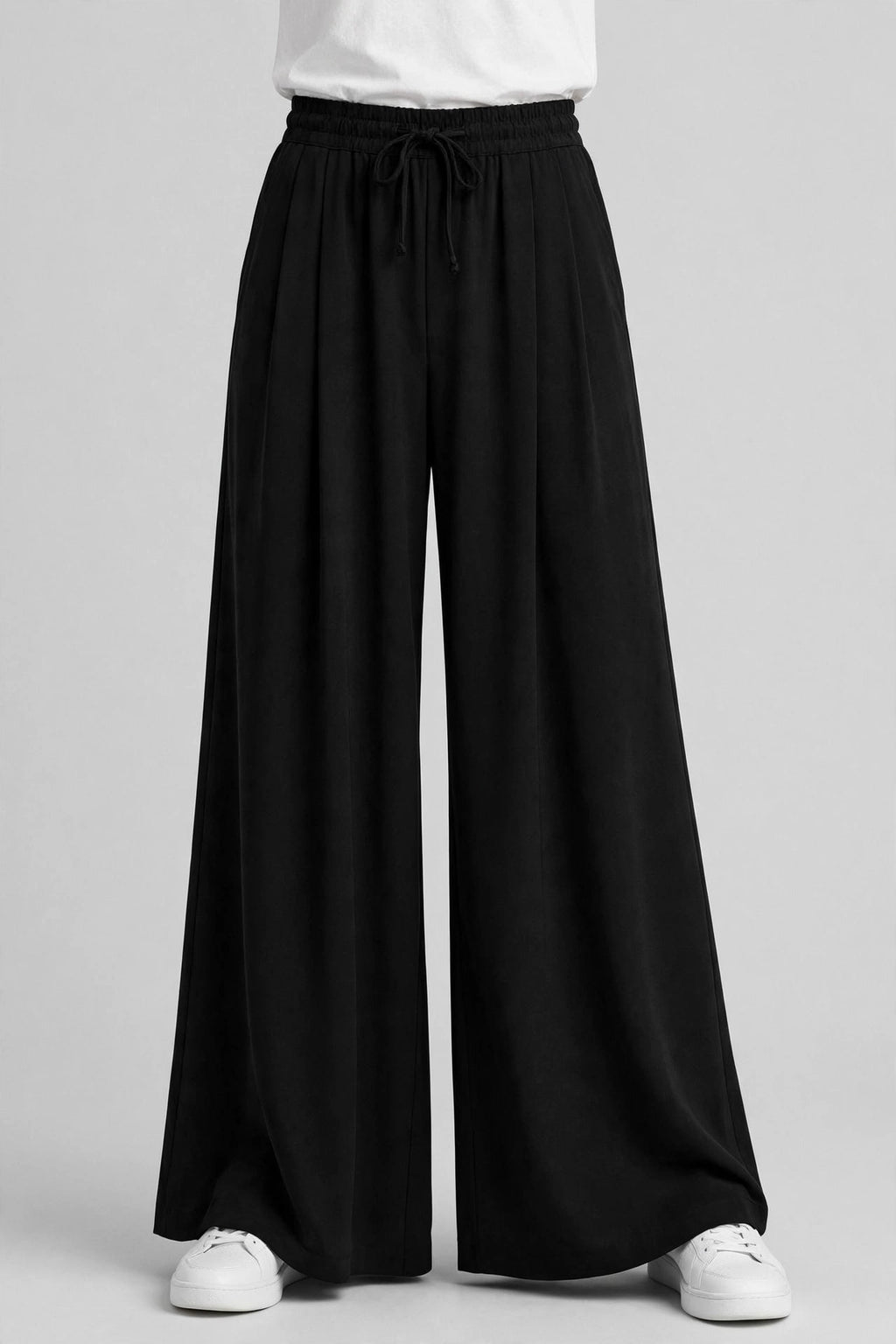 Women's Wide Leg Flapper Trouser - High Waisted Pleated Drawstring Pants | Black