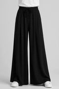 Women's Wide Leg Flapper Trouser - High Waisted Pleated Drawstring Pants | Black