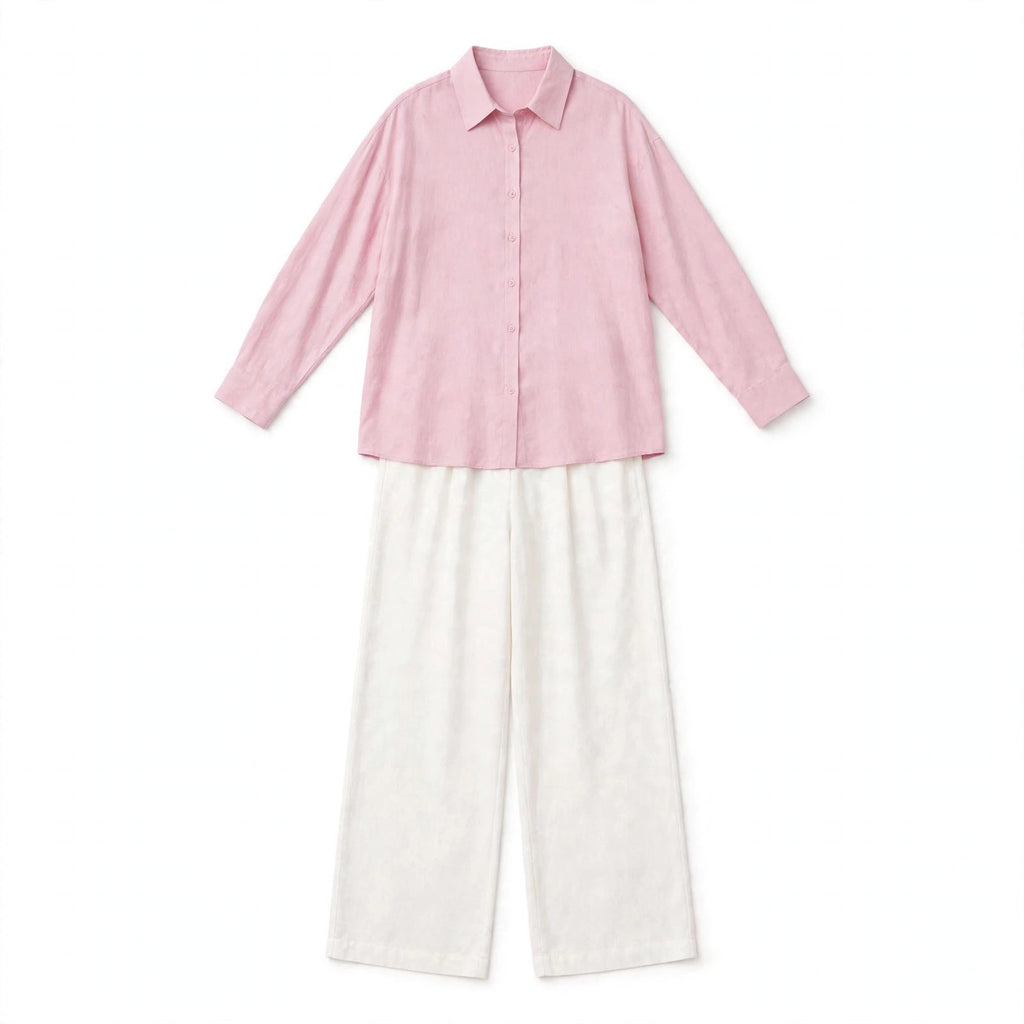 Pink Button Down Shirt And White Flapper Trouser Co-Ord Set