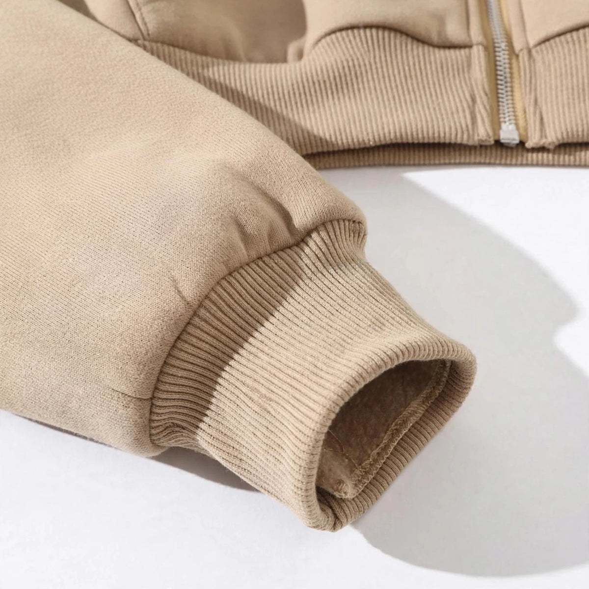 Women's Cropped Zip-Up Hoodie - Oversized Fleece Crop Hoodie - Beige