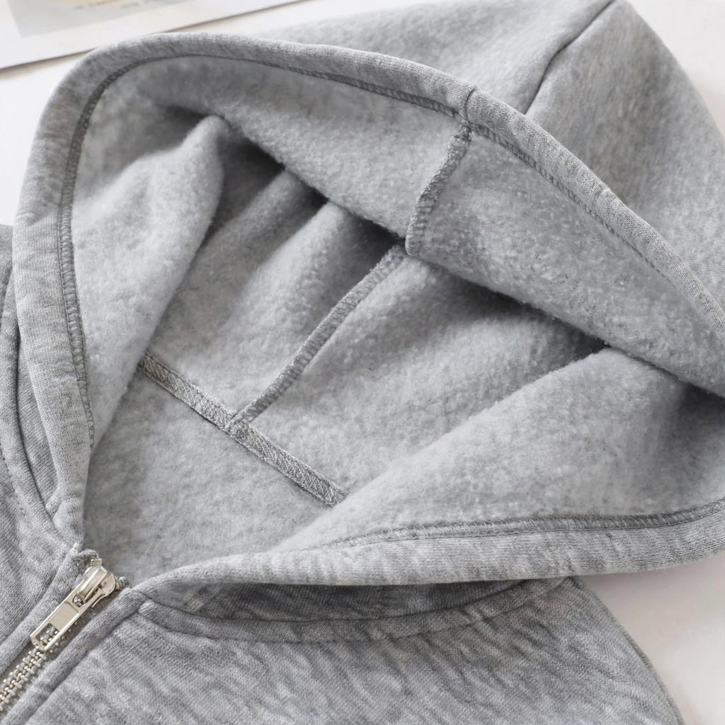 Women's Cropped Zip-Up Hoodie - Oversized Fleece Crop Hoodie - Grey