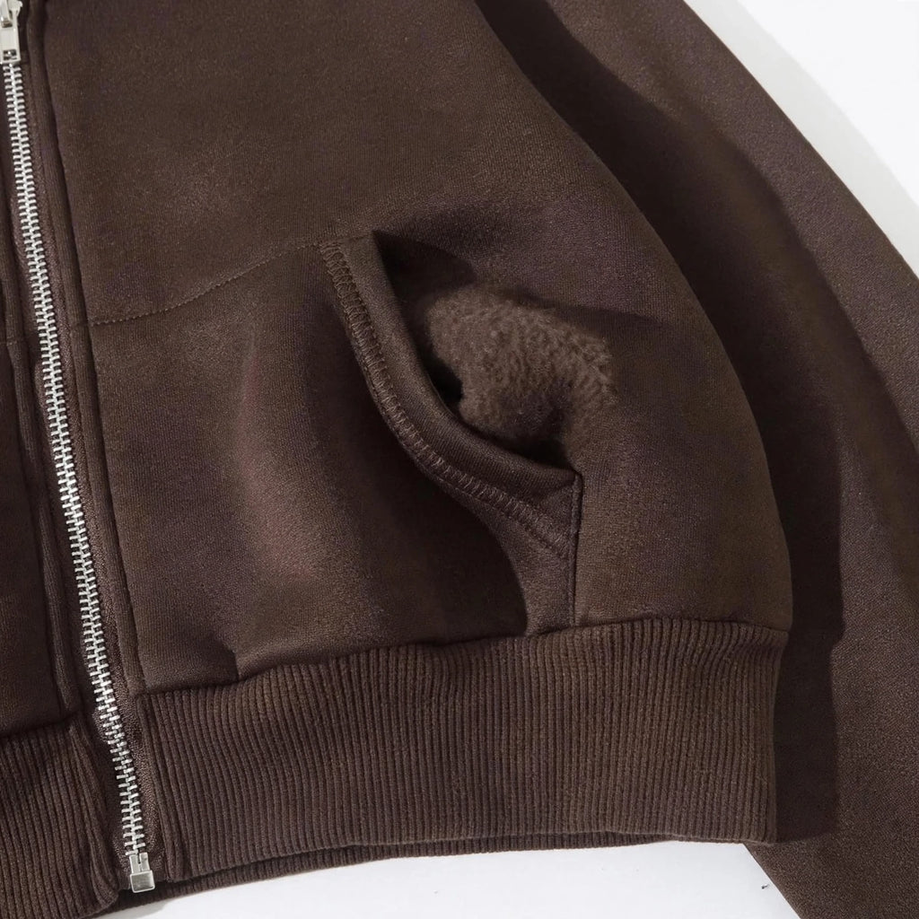 Women's Cropped Zip-Up Hoodie - Oversized Fleece Crop Hoodie - Brown