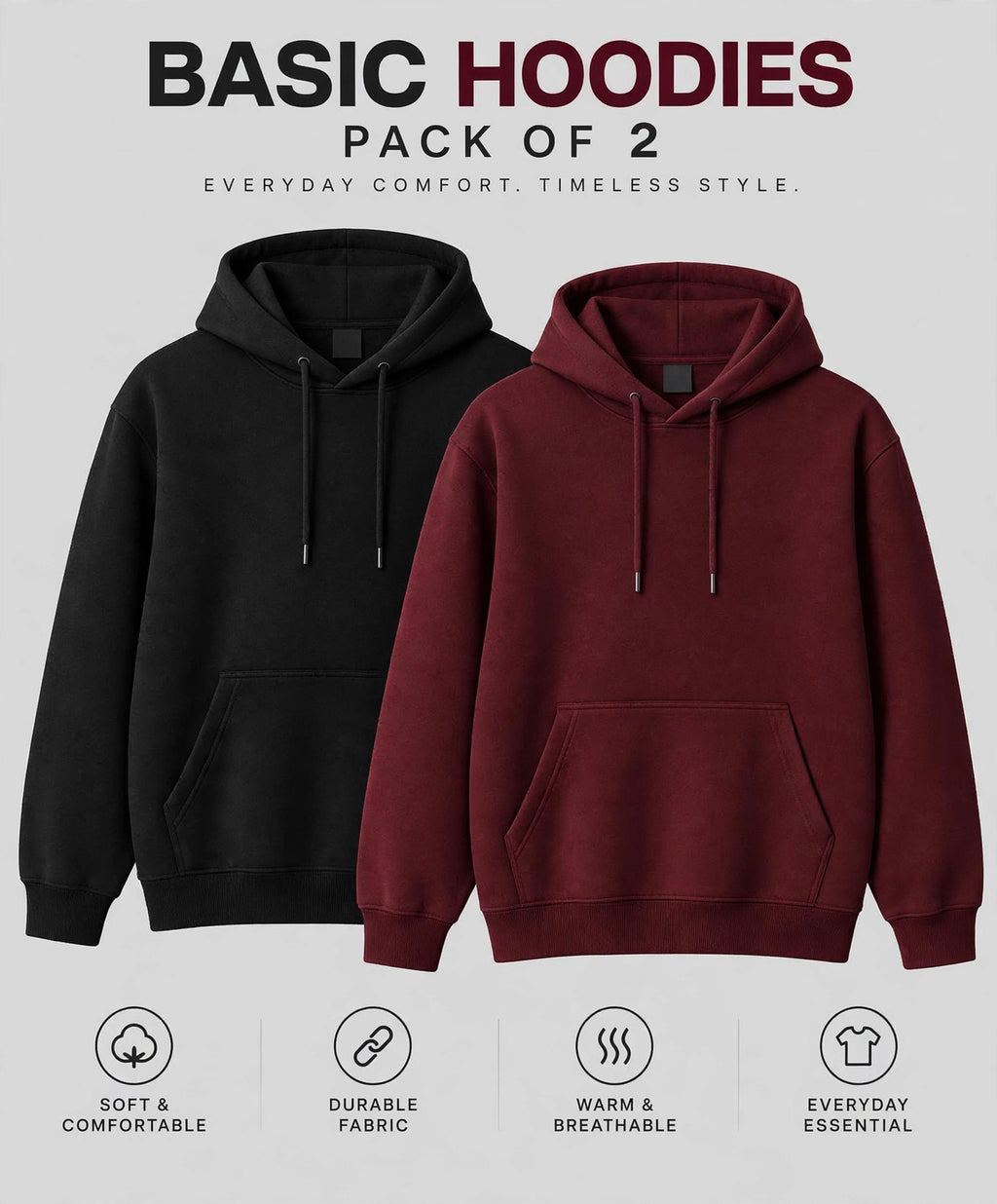 Pack Of Two Fleece Premium Basic Kangaroo Hoodie Unisex - Black & Maroon