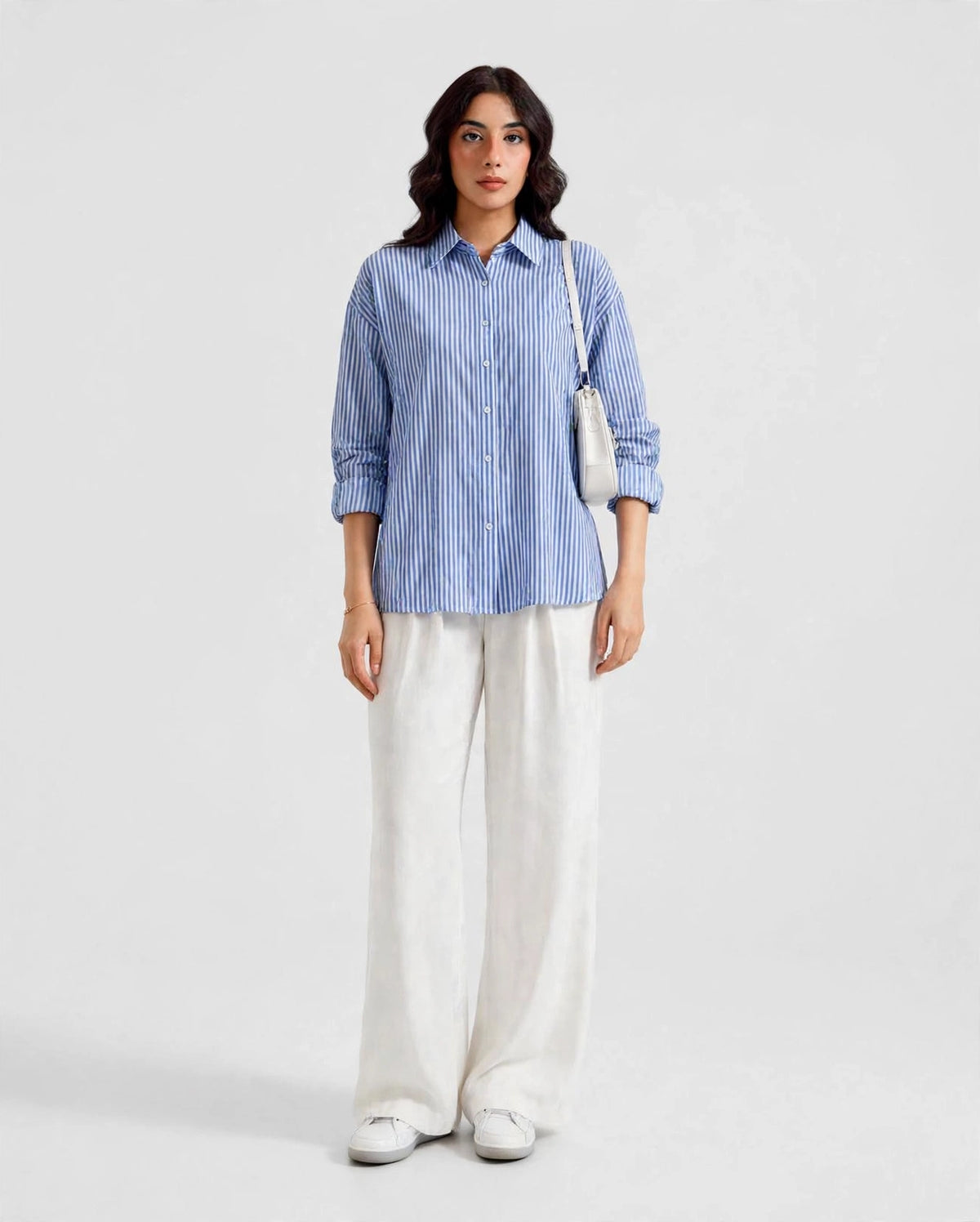 Sky Blue Striped Button Down Shirt & White Flapper Trouser For Women