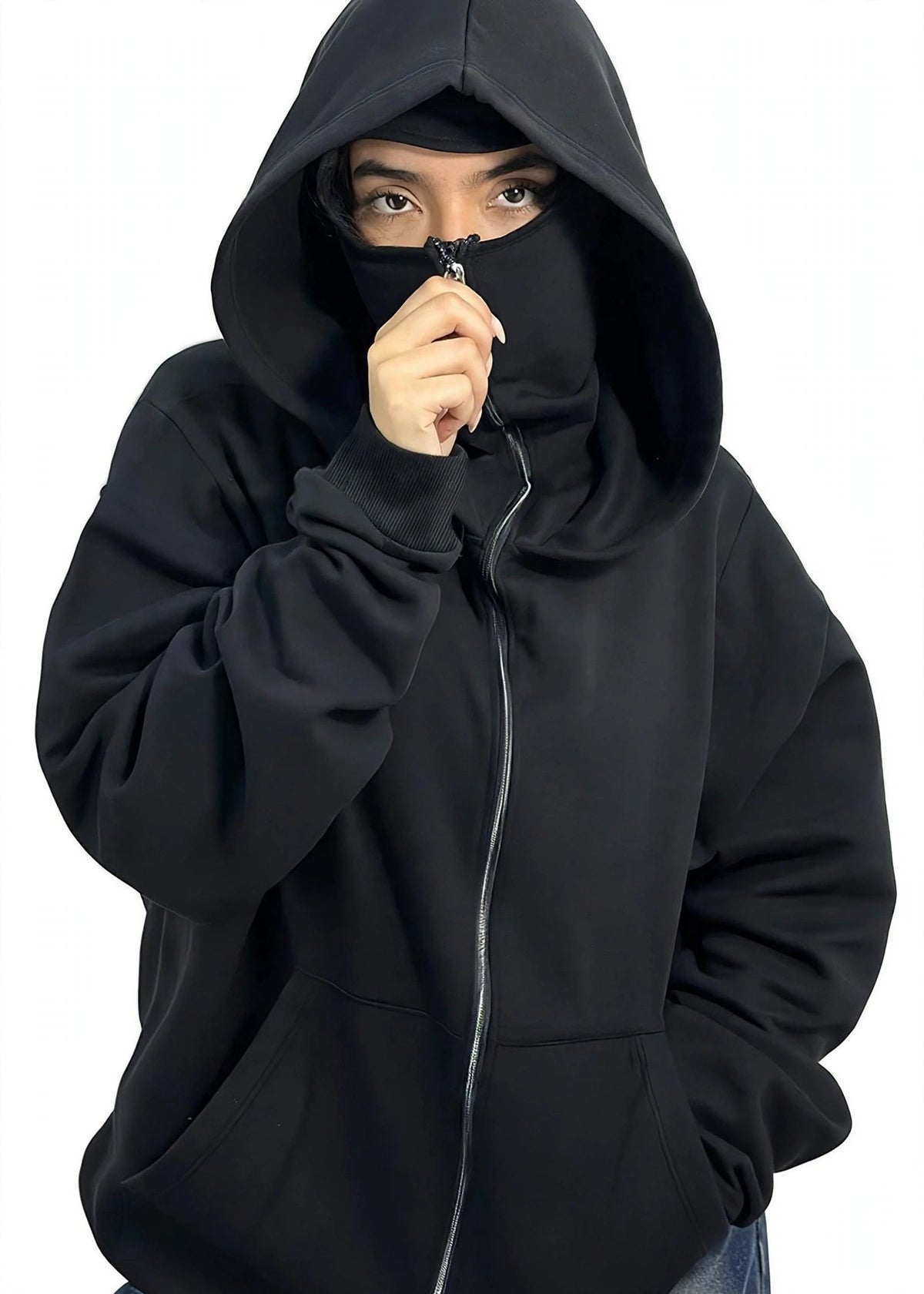 Balaclava Ninja Fleece Full Zipper Hoodie - Black