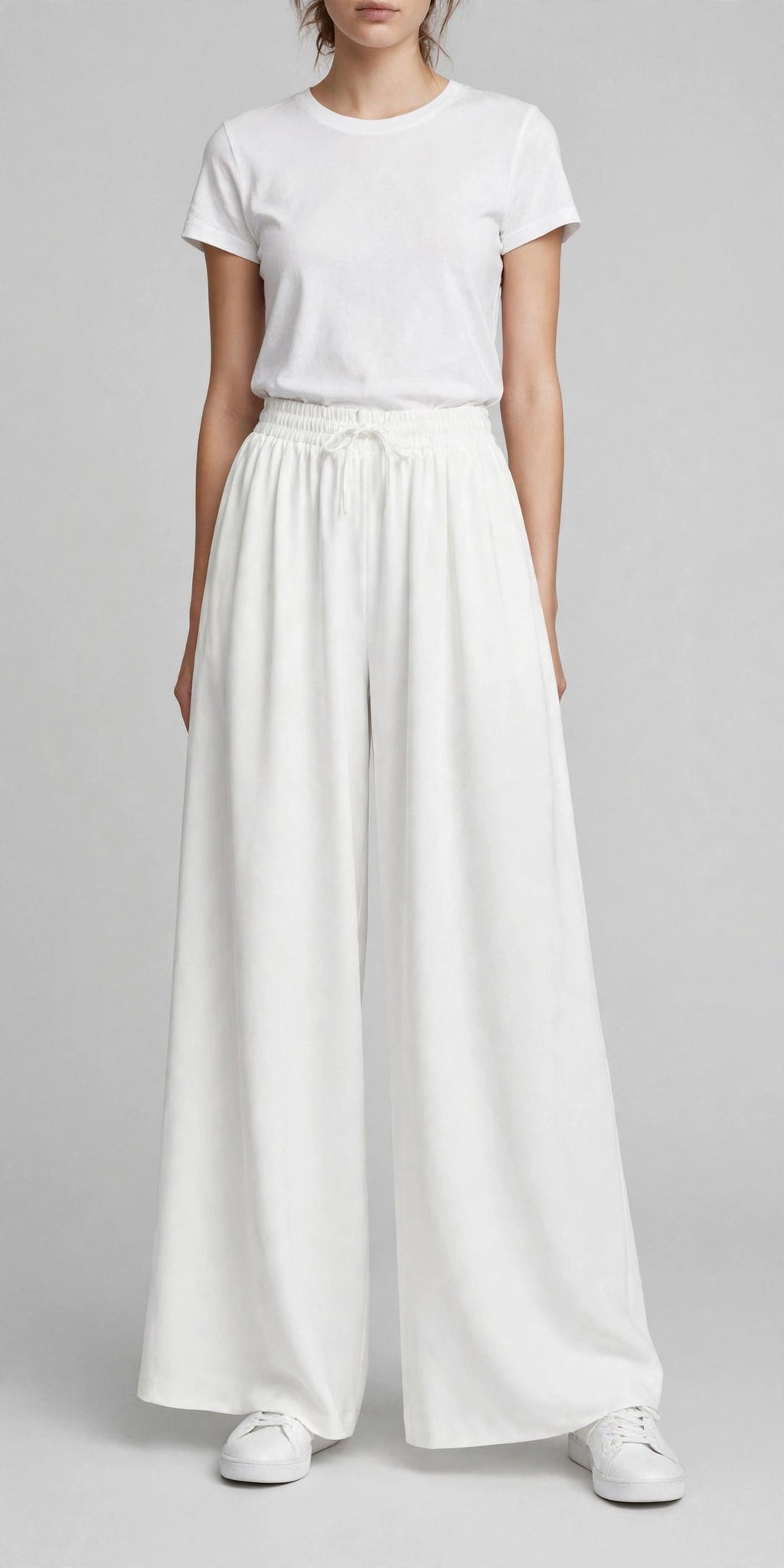 Women's Wide Leg Flapper Trouser - High Waisted Pleated Drawstring Pants | White