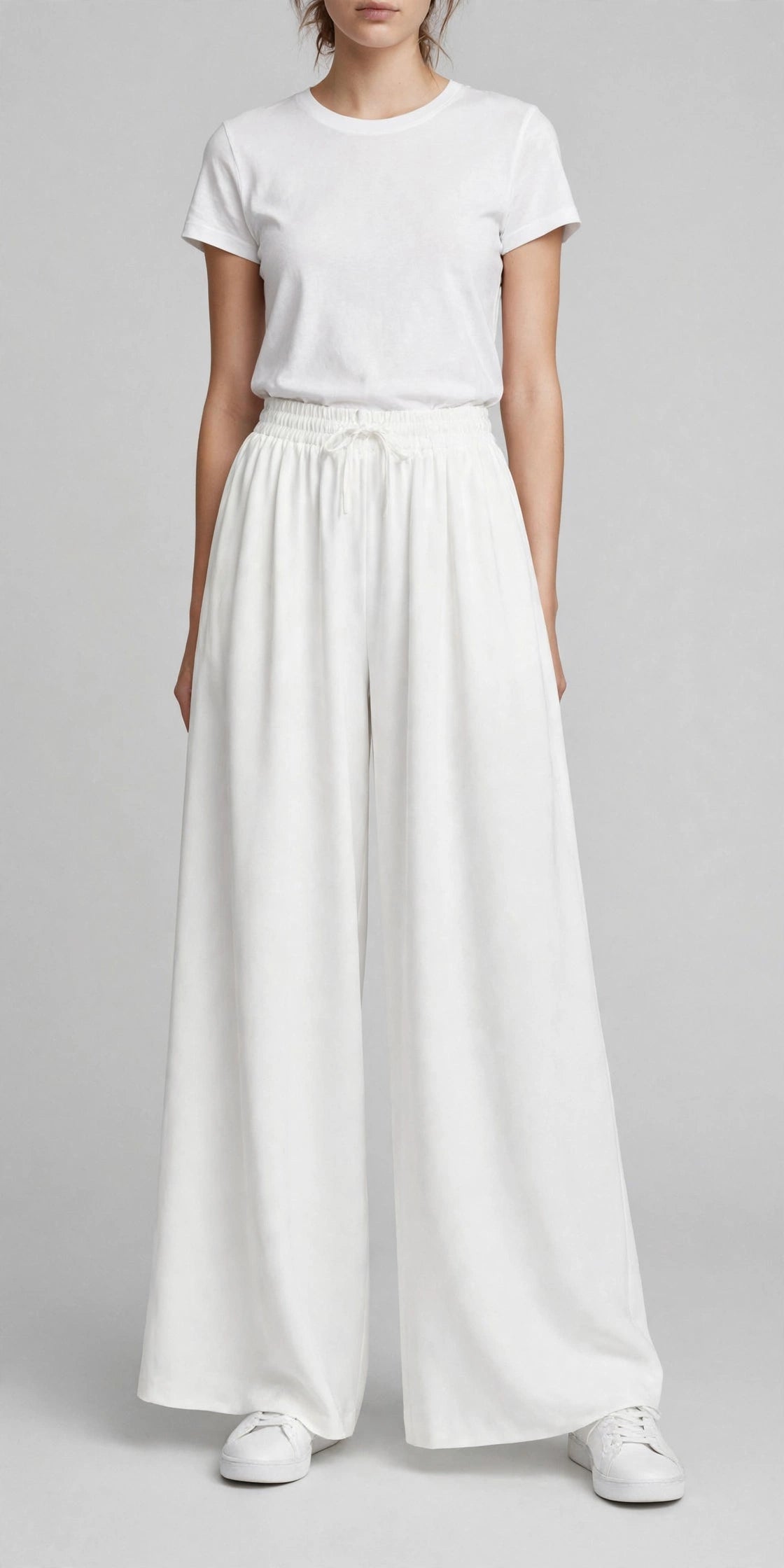 Women's Wide Leg Flapper Trouser - High Waisted Pleated Drawstring Pants | White