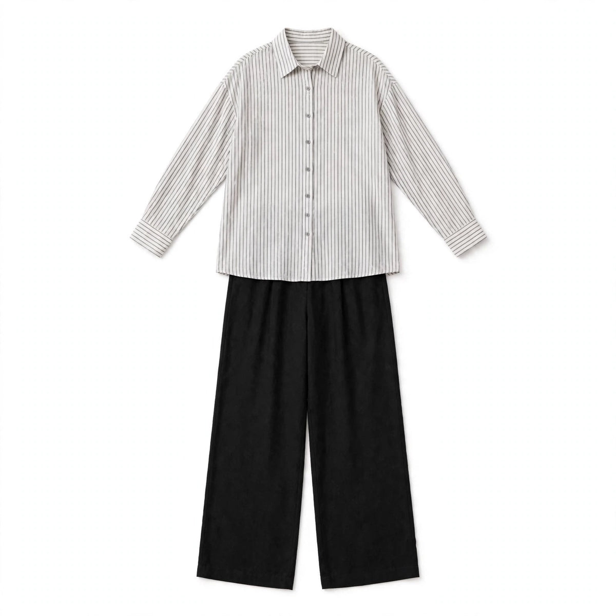 White Striped Button Down Shirt And Black Flapper Trouser Co-Ord Set