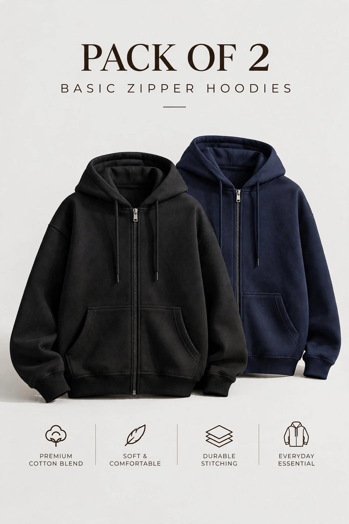 Pack Of Two Fleece Premium Basic Zipper Hoodie Unisex - Black & Blue