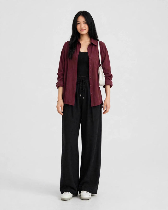 Maroon Button Down Shirt And Black Flapper Trouser Co-Ord Set