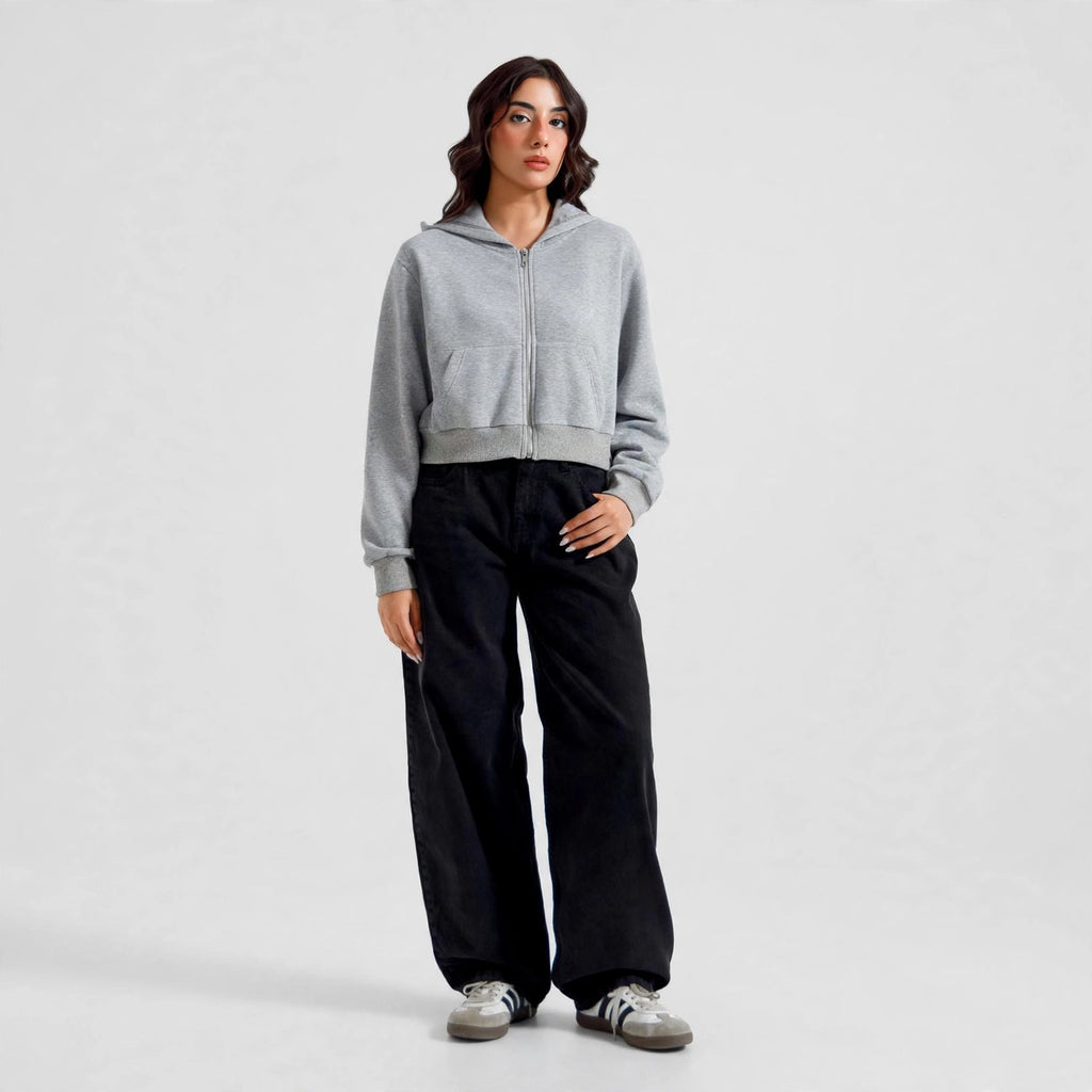 Women's Cropped Zip-Up Hoodie - Oversized Fleece Crop Hoodie - Grey