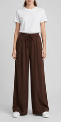 Women's Wide Leg Flapper Trouser - High Waisted Pleated Drawstring Pants | Brown