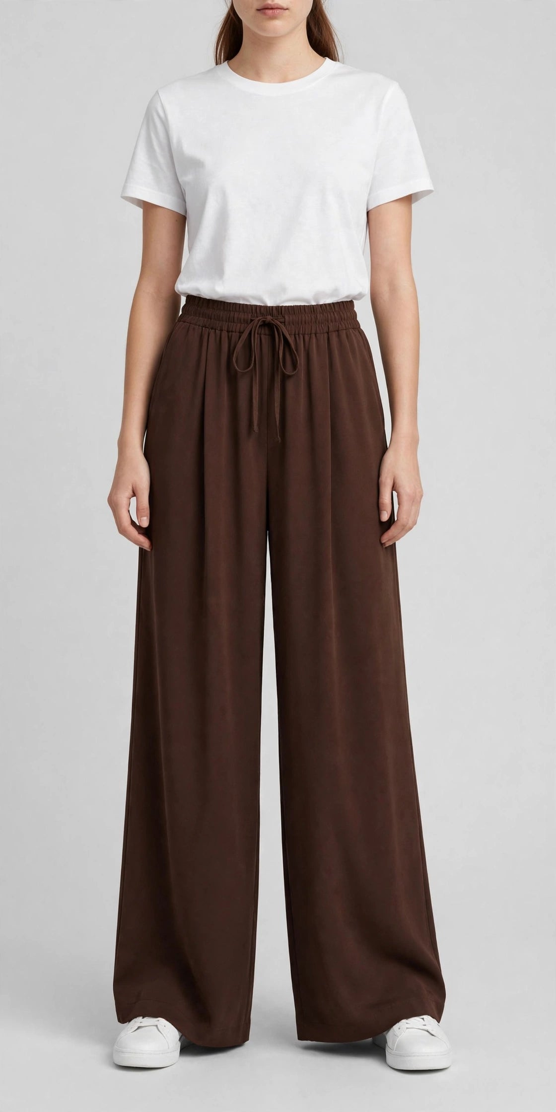 Women's Wide Leg Flapper Trouser - High Waisted Pleated Drawstring Pants | Brown