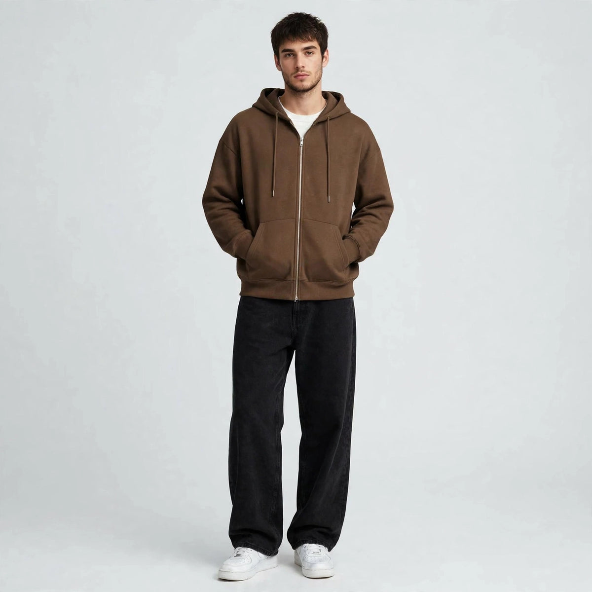 Fleece Premium Basic Zipper Hoodie Unisex - Brown